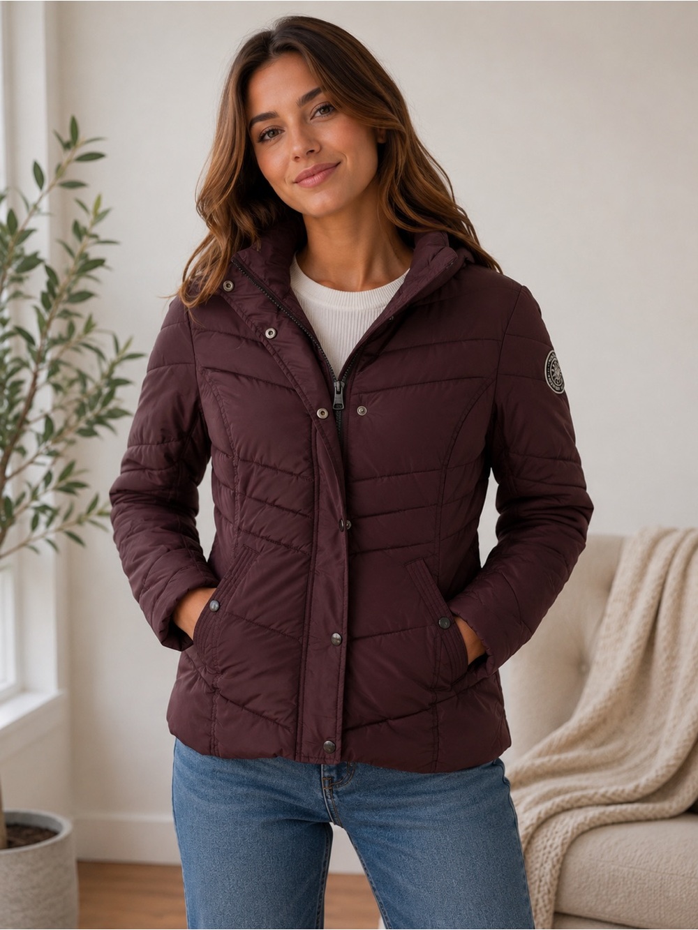 Madden Girl Puffer Jacket Womens Burgundy Hooded Quilted Winter Coat Snap Zip